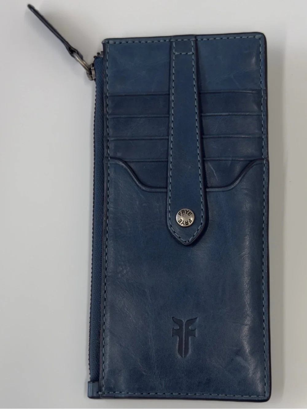 Frye Deep Blue Leather Zip Card Holder with Key Ring